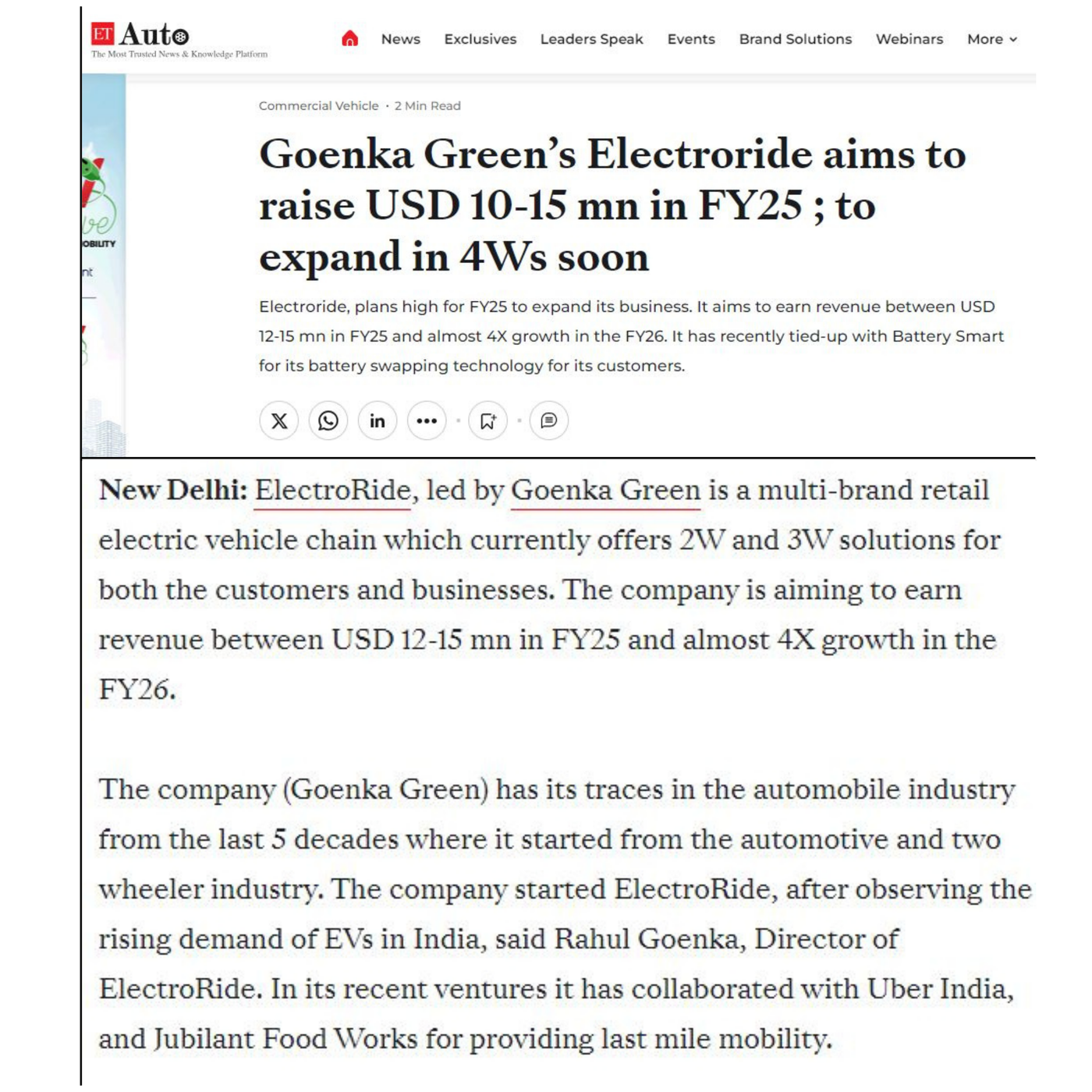 Goenka Green’s Electroride aims to raise USD 10-15 mn in FY25; to expand in 4Ws soon
